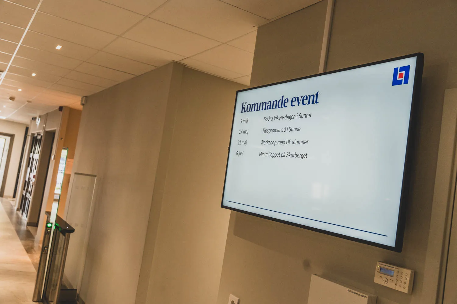 Digital skylt med kommande event på Länsförsäkringar Värmland