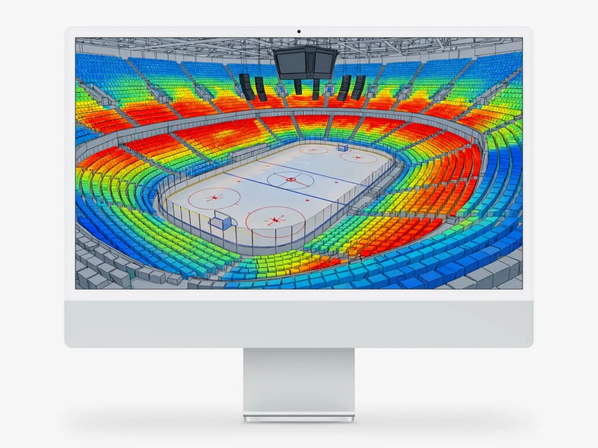 Akustisk simulering – värmkarta över ljudtryck i en hall